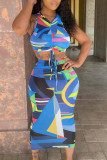 Blue Sexy Print Patchwork Draw String V Neck Sleeveless Two Pieces
