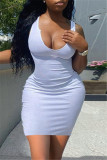 White Sexy Casual Solid Vests V Neck Sleeveless Dress