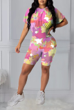 Colour Casual Print Patchwork O Neck Short Sleeve Two Pieces