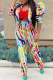 Rainbow Color Sexy Print Patchwork Long Sleeve Two Pieces