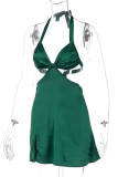 Rose Red Sexy Solid Bandage Hollowed Out Patchwork Asymmetrical Halter A Line Dresses