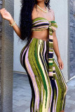 Green Sexy Striped Print Bandage Patchwork Strapless Sleeveless Two Pieces