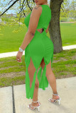 Green Fashion Sexy Solid Hollowed Out O Neck Vest Dress