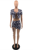 Black Fashion Sexy Print Strap Design V Neck Short Sleeve Two Pieces