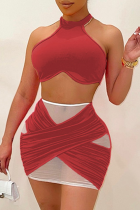 Red Sexy Solid Mesh Halter Sleeveless Two Pieces