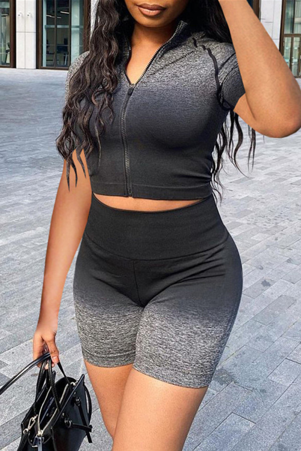 Black Fashion Casual Gradual Change Print Basic Zipper Collar Short Sleeve Two Pieces
