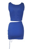 Blue Sexy Solid Bandage Hollowed Out Patchwork U Neck Sleeveless Two Pieces
