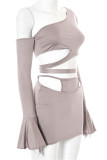 Green Fashion Sexy Solid Bandage Hollowed Out Oblique Collar Long Sleeve Two Pieces
