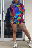 Multicolor Fashion Casual Print Basic O Neck Short Sleeve Two Pieces