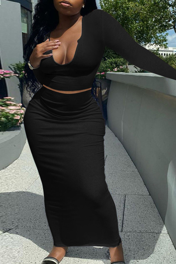 Black Sexy Solid Patchwork V Neck Long Sleeve Two Pieces