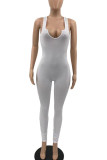Blue Sexy Solid Patchwork V Neck Skinny Jumpsuits