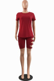 Red Sexy Solid Ripped Bandage O Neck Short Sleeve Two Pieces