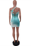 Light Green Sexy Gradual Change Print Backless Slit One Shoulder Sleeveless Dress