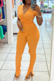 Pink Fashion Casual Solid Bandage Slit V Neck Short Sleeve Two Pieces