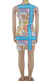 Sky Blue Sexy Print Bandage Patchwork Asymmetrical V Neck Mini Dress Dresses