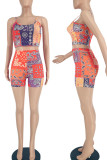 Pink Casual Print Patchwork Spaghetti Strap Two Pieces