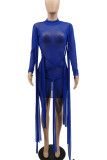 Blue Sexy Solid Bandage Patchwork See-through O Neck Pencil Skirt Dresses