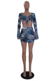 Black Fashion Sexy Print Bandage V Neck Long Sleeve Two Pieces
