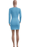Blue Casual Solid Split Joint V Neck A Line Dresses