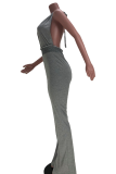 Grey Casual Solid Patchwork Halter Regular Jumpsuits