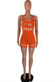 Pink Casual Sportswear Letter Print Backless U Neck Skinny Romper