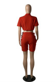 Red Fashion Sexy Solid Bandage Hollowed Out Half A Turtleneck Short Sleeve Two Pieces