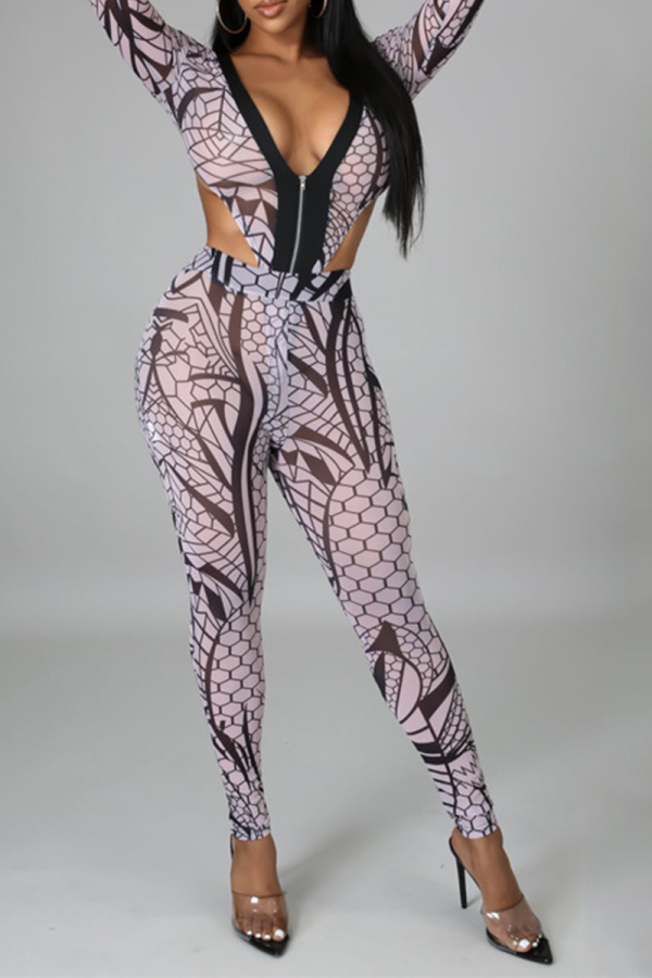 Grey Sexy Print See-through V Neck Skinny Jumpsuits