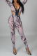 Grey Sexy Print See-through V Neck Skinny Jumpsuits