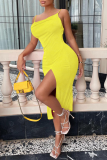 Yellow Sexy Solid High Opening Spaghetti Strap Pencil Skirt Dresses