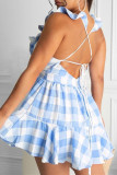 Light Blue Fashion Sexy Plaid Print Backless Strap Design V Neck Sleeveless Dress
