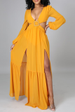 Yellow Casual Solid Patchwork V Neck Irregular Dress Dresses