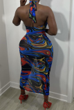 Blue Sexy Print Hollowed Out Halter Pencil Skirt Dresses