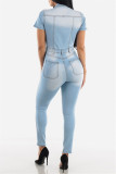 Baby Blue Fashion Casual Solid Zipper Turndown Collar Regular Jumpsuits