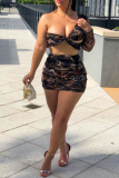 Black Sexy Print Patchwork One Shoulder Long Sleeve Two Pieces