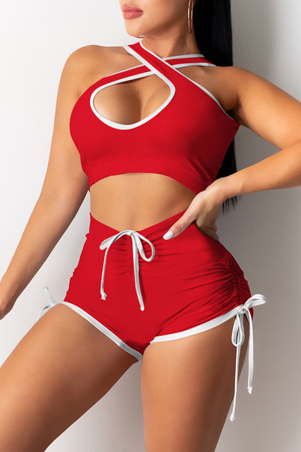 Red Sexy Casual Solid Hollowed Out V Neck Sleeveless Two Pieces