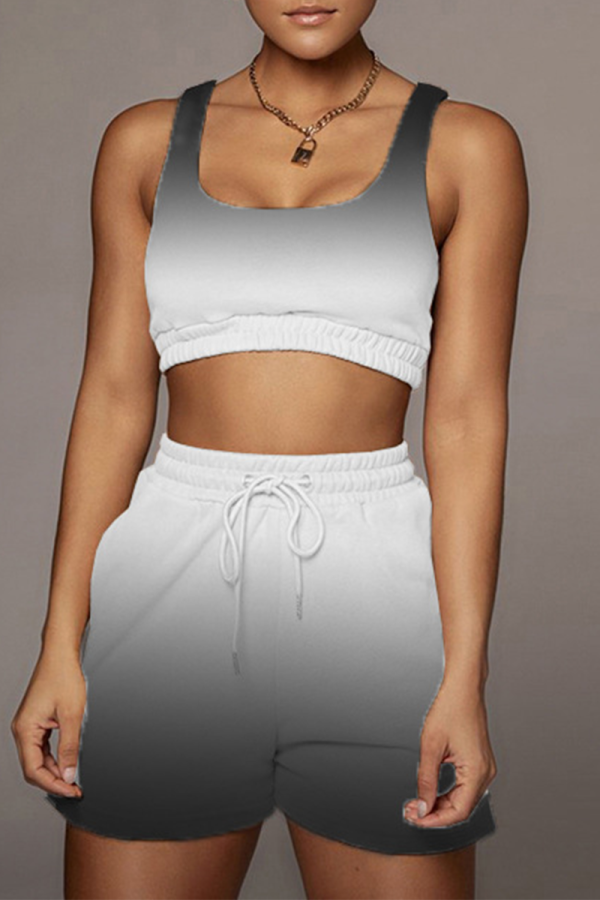 Black Sportswear Gradual Change Patchwork U Neck Sleeveless Two Pieces