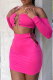 Rose Red Sexy Solid Hollowed Out Off the Shoulder Long Sleeve Two Pieces