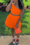 Orange Fashion Sexy Solid Backless One Shoulder Sleeveless Two Pieces