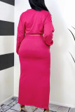 Rose Red Casual Solid Patchwork Frenulum Slit O Neck Long Sleeve Two Pieces