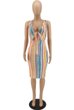 Blue Sexy Print Hollowed Out Halter Pencil Skirt Dresses