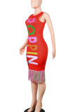 Red Sexy Print Tassel Patchwork O Neck One-piece Suits Dresses