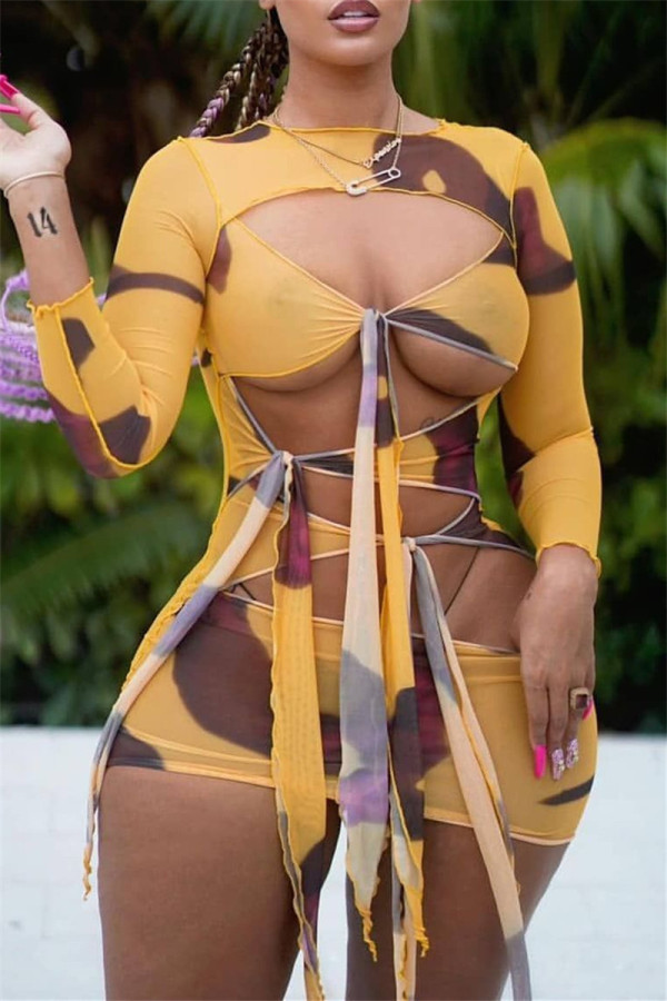 Yellow Fashion Sexy Print Bandage Hollowed Out O Neck Long Sleeve Dresses