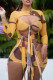 Yellow Fashion Sexy Print Bandage Hollowed Out O Neck Long Sleeve Dresses