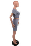Dark Gray Fashion Casual Solid Basic O Neck Short Sleeve Two Pieces