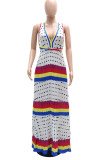 White Sexy Striped Print Polka Dot V Neck A Line Dresses