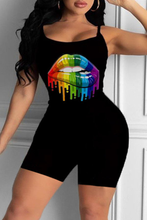 Black Sexy Casual Lips Printed Backless Spaghetti Strap Skinny Romper