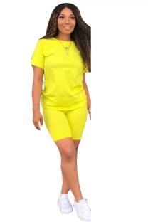 Yellow Fashion Casual Slim fit Solid Two Piece Suits Regular Short Sleeve