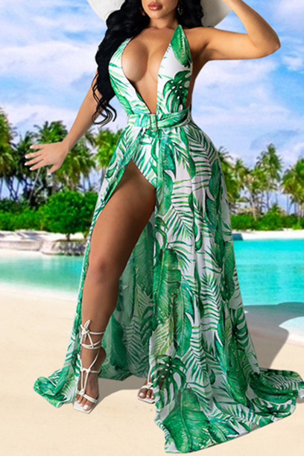 Green Fashion Sexy Print Backless Swimwears Set