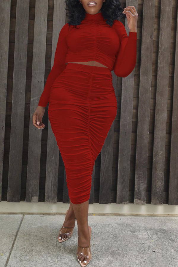 Red Fashion Casual Solid Fold Turtleneck Long Sleeve Two Pieces