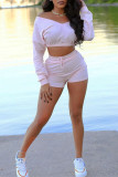 Pink Fashion Casual Solid Basic V Neck Long Sleeve Two Pieces